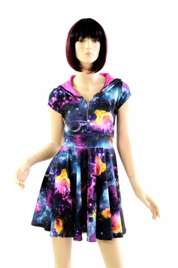 neon galaxy dress UV Glow Galaxy Print Cap Sleeve Zipper Front Skater Dress With Neon Pink  Hood Lining