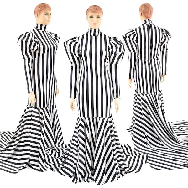Black and white striped High Break Mermaid Puddle Train Gown with turtleneck, back zipper and victoria sleeves 157478