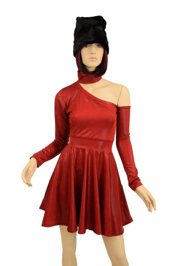 one sleeve skater dress Coagulant One Shoulder Long Sleeve Skater Dress with snap back Choker and Arm Warmer // Black Minky Hat // Wrestling Costume -
