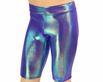May include: Purple iridescent cycling shorts with a shiny finish.
