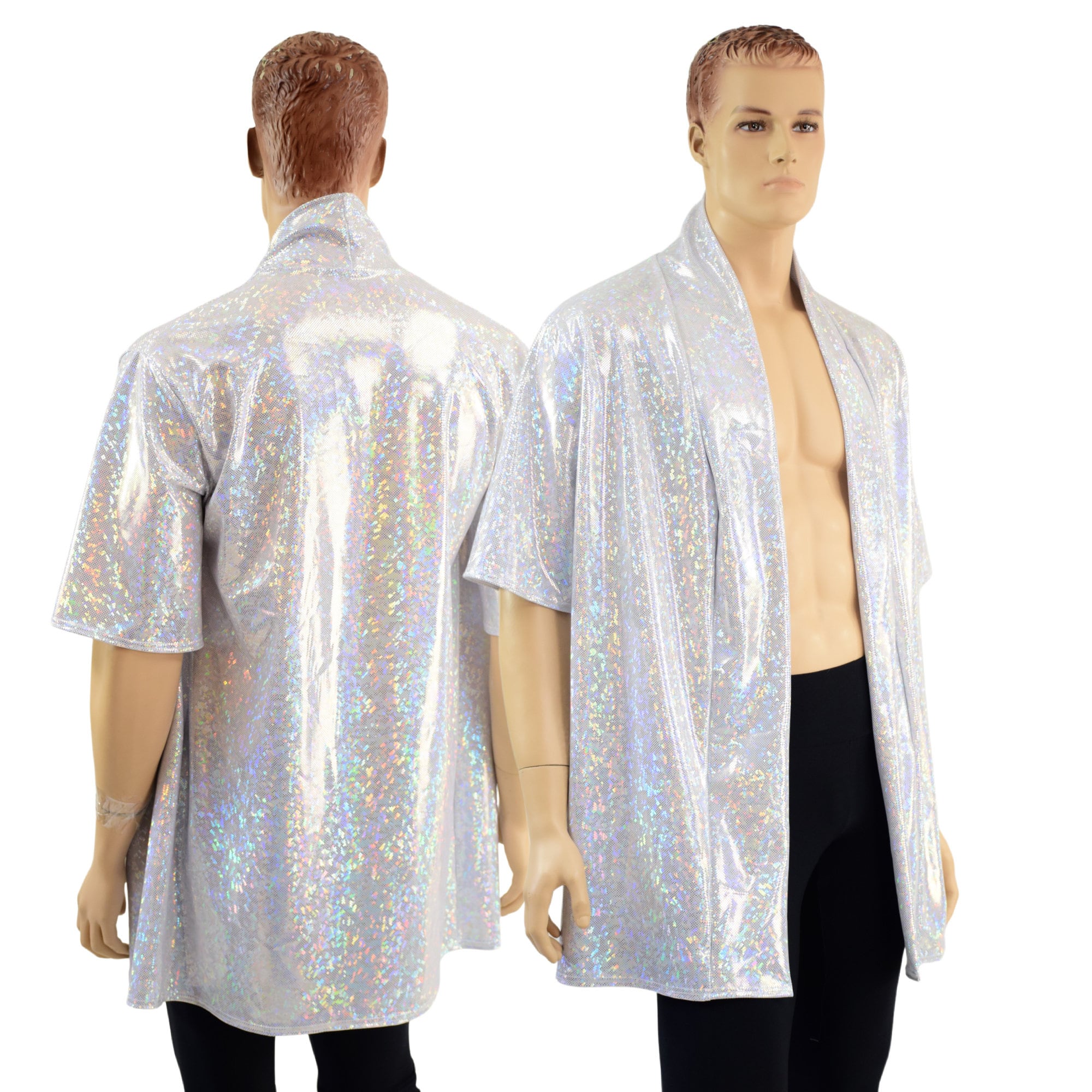 Mens Open Front Nomad Shirt in White Kaleidoscope Holographic 1