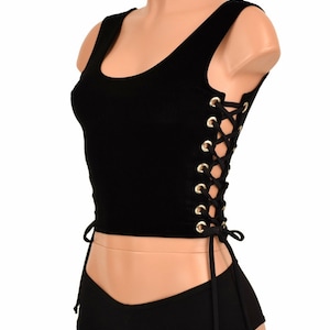 Black Velvet Tank Style Crop Top with Lace Ups on either side // Ties in Smooth & Sleek Black Spandex // Shorts NOT INCLUDED - 156269