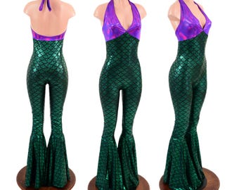 Mermaid Catsuit, Monroe style halter bodice in Grape Holographic, with Green Dragon Scale Bell Bottom Flare