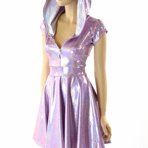 Lilac Purple Holographic Hoodie Skater Dress with Cap Sleeves, Flashbulb Hood Liner & Front Zipper 152256