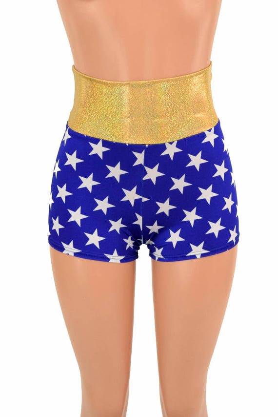 Blue and White Star Print High Waist Booty Shorts With Gold Sparkly Jewel  Waistband E8165 -  Canada