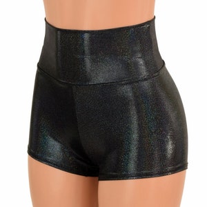 High Waist Shorts in Black Holographic -150299