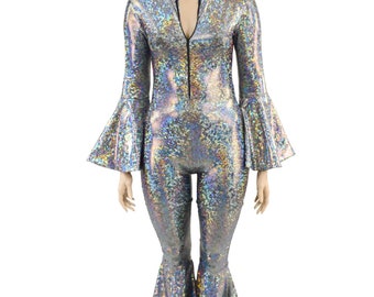 Silver Kaleidoscope Bell Bottom Catsuit with Trumpet Sleeves and Stella Front Zipper & Collar Neckline 157689