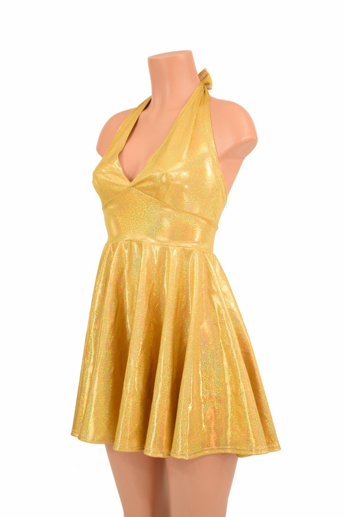 Gold Sparkly Halter Skater Dress - Coquetry Clothing 2XL Gold Sparkly Halter Skater Dress - Coquetry Clothing 2XL