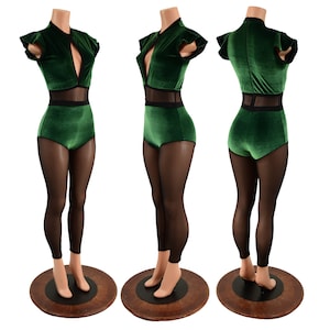 Green Velvet & Back Mesh Keyhole Catsuit with Siren cut and Mesh Legs EMK157863