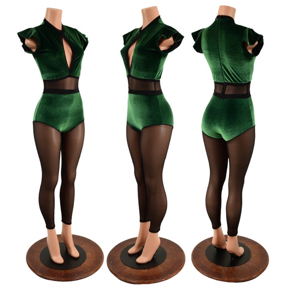 Green Velvet & Black Mesh Keyhole Catsuit with Siren cut and Mesh Legs