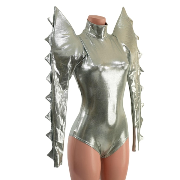 Platinum Romper with Turtleneck, Back Zipper, Mega Sharp Shoulder Long Sleeves with Spikes on Sleeves, SIREN Cut Leg