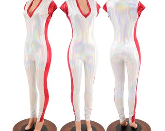 Flashbulb Catsuit with Red Sparkly Jewel V Neck, Cap Sleeves and Side Panels 157472