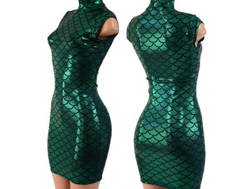 Green Dragon Scale "Celia" Bodycon Dress with Turtle Neck and Mini Cap Sleeves - 1579281