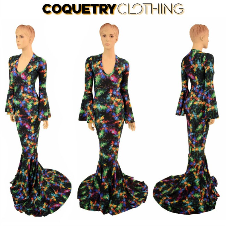 Gothic Garden Trumpet Sleeve Gown with V shops Neck and Puddle Train - 155509