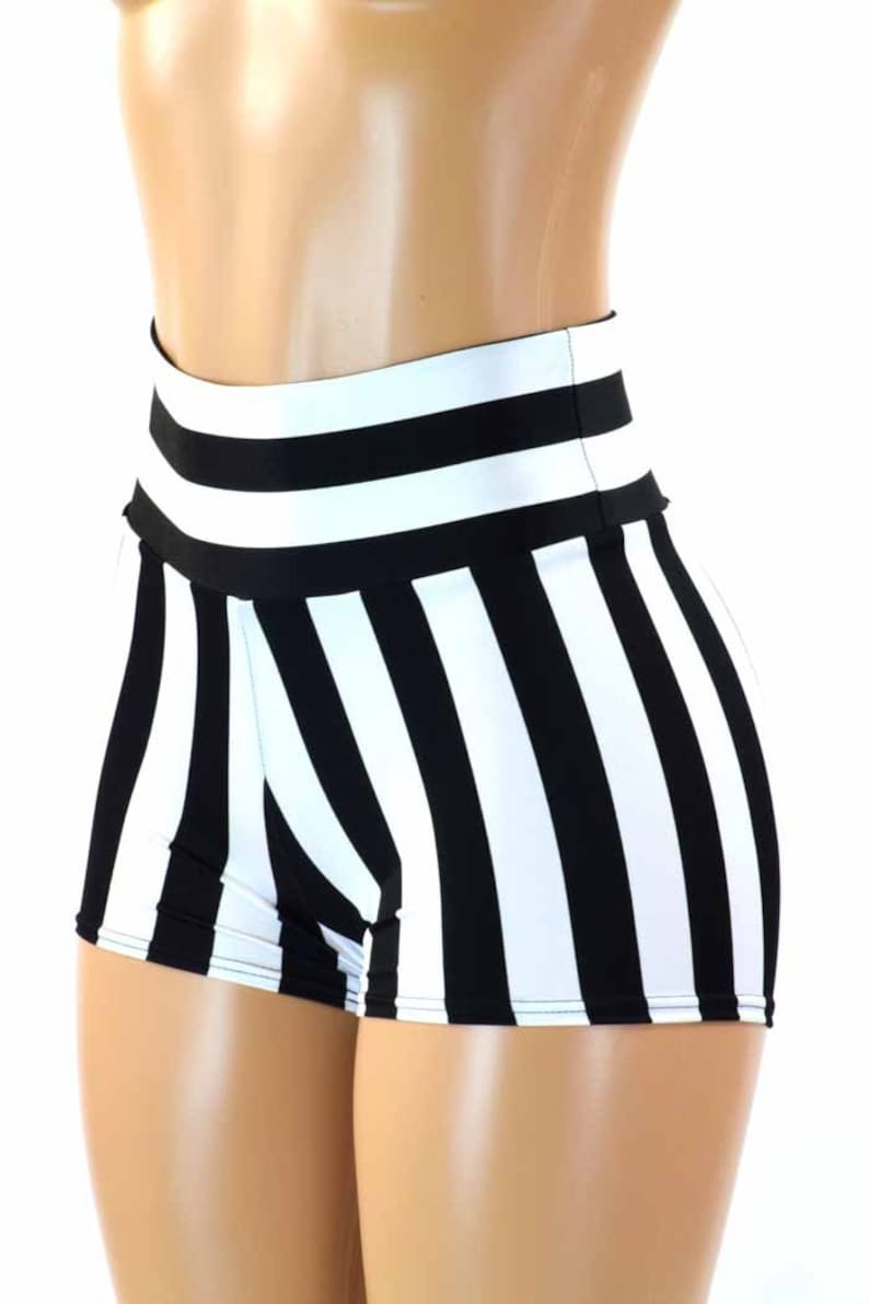 Black & White Striped Print High Waist Shorts 151221 image 1