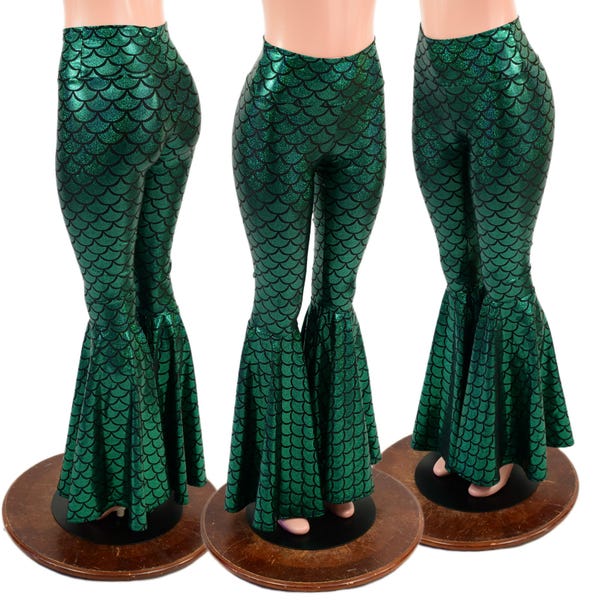 High Waist Mermaid Bell Bottom Flares in Green Dragon Scale
