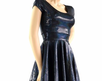 black metallic skater dress Final Sale Plus Size Long Sleeve Faux Wrap Skater Dress in Vegan Liquid Black