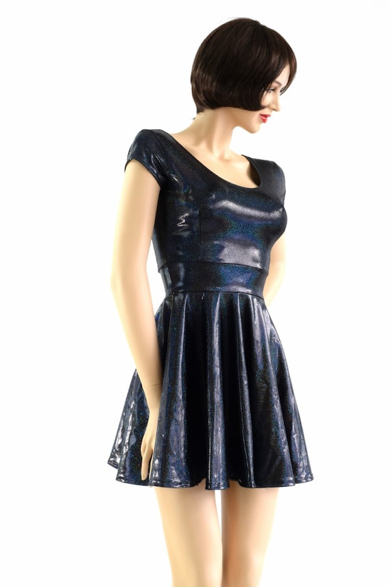 Short Sleeve Women Leather Dress Black Paneled Leather Dress Skater Dress -  052