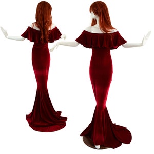 Red Velvet Ruffled Off Shoulder Gown with wiggle cut and puddle train hemline 15810270