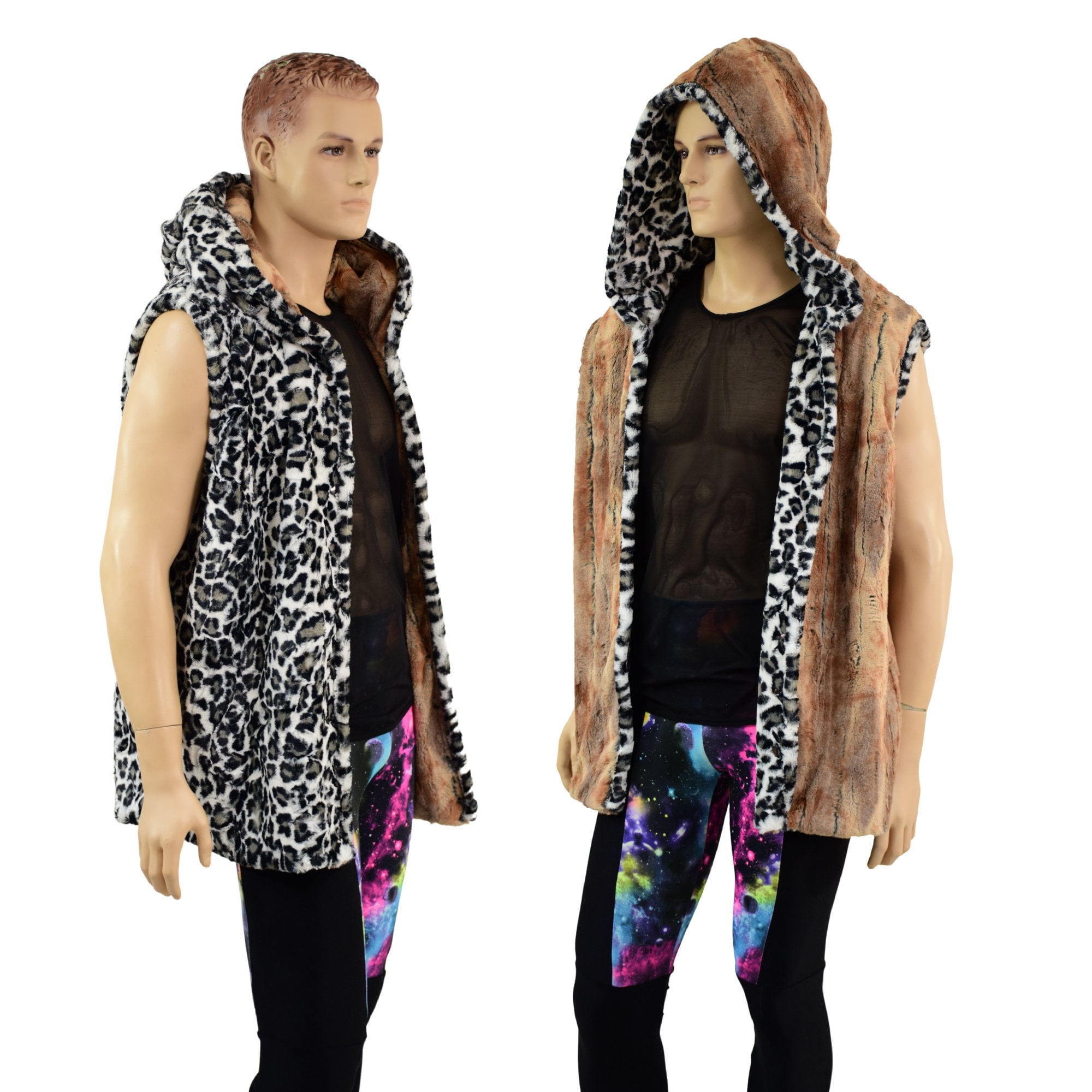 Mens Double Minky Reversible Hooded Vest With Snap Front and