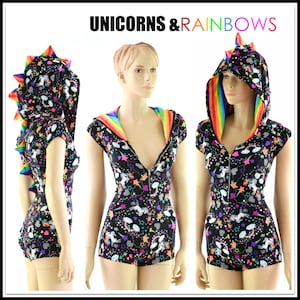 Unicorns and Rainbows Print Zipper Front Cap Sleeve DRAGON Hoodie Romper with Rainbow Stripe Spikes & Hood Lining, Boy Cut Leg -152855
