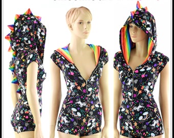 Unicorns and Rainbows Print Zipper Front Cap Sleeve DRAGON Hoodie Romper with Rainbow Stripe Spikes & Hood Lining, Boy Cut Leg -152855