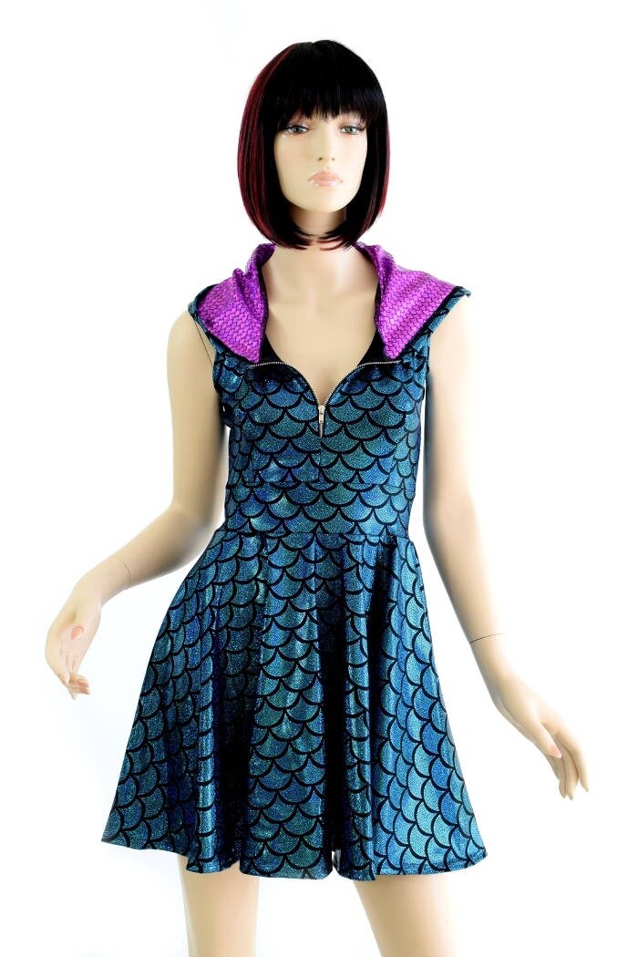 Turquoise Dragon/mermaid Scale Sleeveless Zipper Front Skater Dress With  Purple Fish Scale Hood Lining & Spikes Festival Rave - Etsy