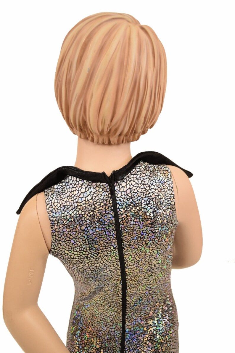 Kids Bootcut Catsuit with Back Zipper and Disco Collar Silver on Black Shattered Glass with Black Mystique Collar 156799