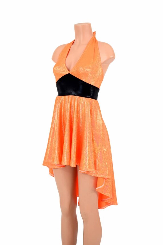 Hi Lo Hemline halloween Halter Dress in Orange Sparkly Jewel Hi Lo Hemline halloween Halter Dress in Orange Sparkly Jewel