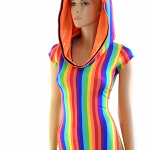 Rainbow Stripe Cap Sleeve Hoodie Romper with Orange Sparkly Jewel Hood Liner and Boy Cut Leg 152352