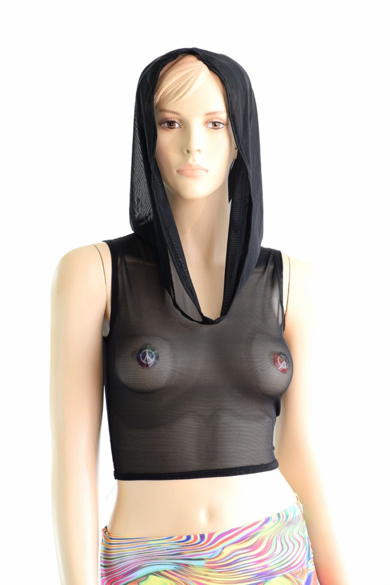 Sleeveless Black Mesh Crop Hoodie 152426 image 4