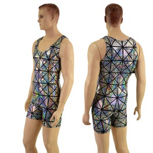 May include: A sleeveless bodysuit with a geometric pattern in silver and black iridescent fabric. The bodysuit has a scoop neck and a fitted silhouette.