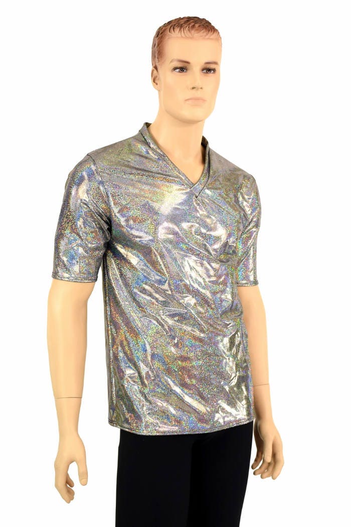 Mens Silver Holographic V Neck Top with Short Sleeves Mens | Etsy