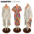 Silver on White Shattered Glass Holographic and Rainbow Stripe Batwing Catsuit with Rainbow Stripe sash/belt