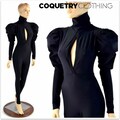 High Turtle Neck "Victoria" Puffed Sleeve Catsuit with Vertical Keyhole Bodice & Back Zipper in Matte Black