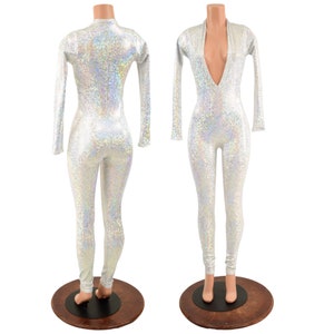 Plunging V Neck Catsuit with Long Sleeves created in Silver on White Shattered Glass  157818