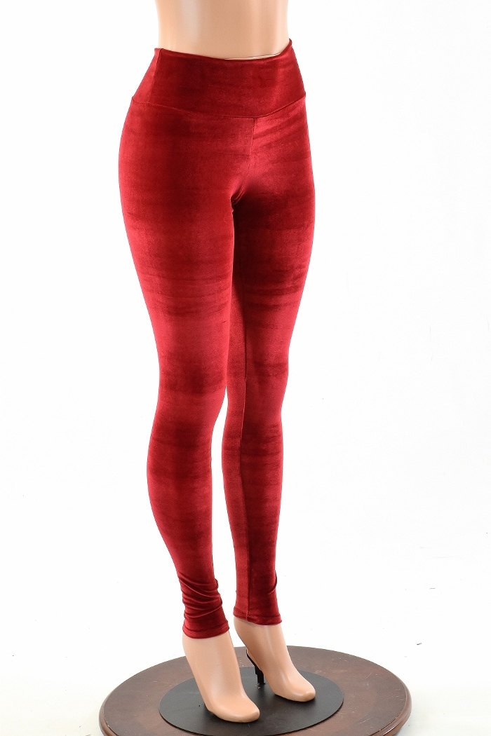 Red Stretch Velvet High Waist Leggings 151908 