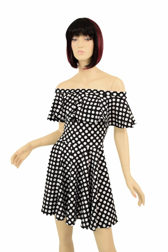 Black and white polka dot off the shoulder dress best sale