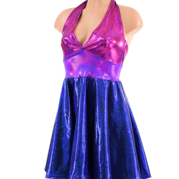 Bisexual Flag Halter Skater Dress in Fuchsia Sparkly Jewel, Grape Holographic and Blue Sparkly Jewel. 157659