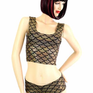 Gold Dragon Scale Crop Tank Top & Ultra Cheeky Booty Shorts Set