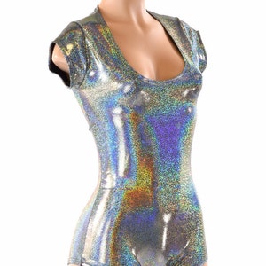 Silver Holographic Cap Sleeve Romper with Scoop Neckline and Boy Cut Leg 152192 image 1