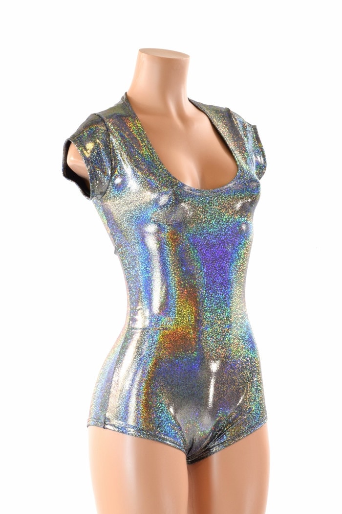 Peacock Holographic Half Sleeve Romper with Hip Ruffles