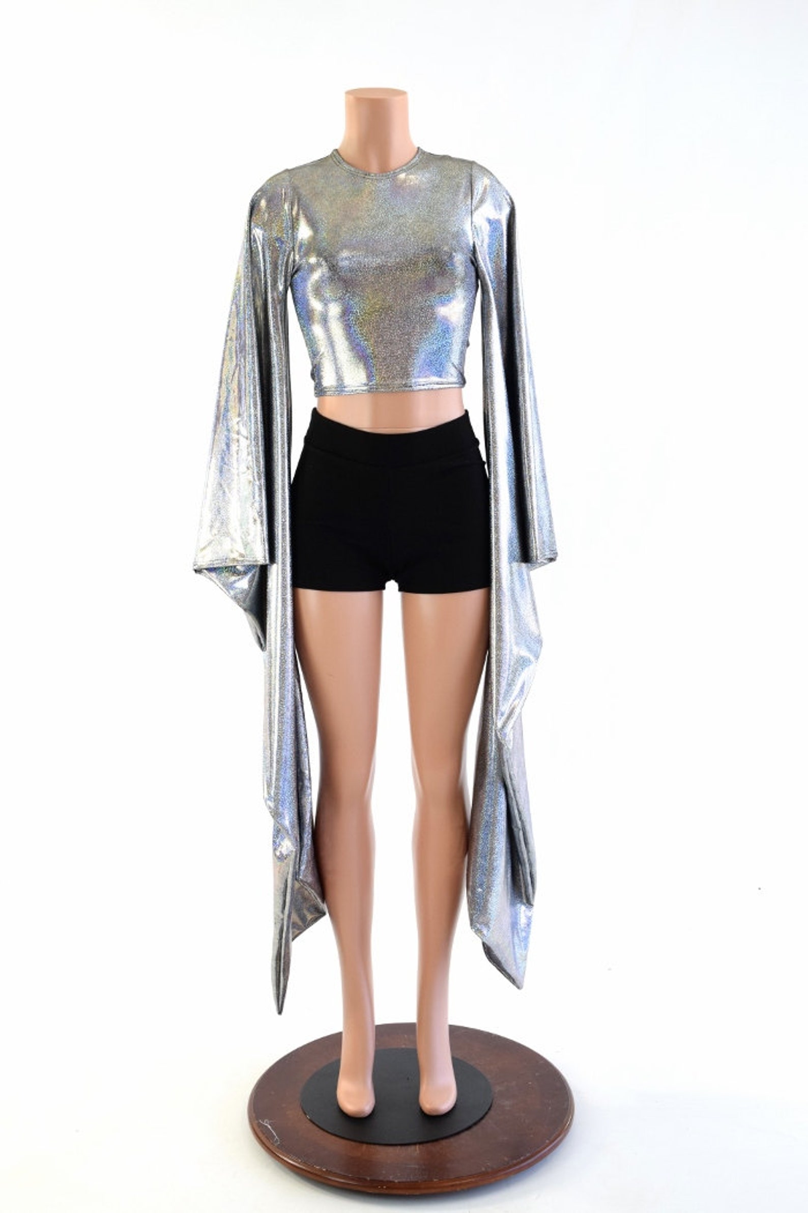 Silver Holographic Kimono Sleeve Crop Top With Crew Neckline Etsy