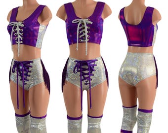 Purple and White Laceup Mini Crop Tank and Laceup Fringed Siren Shorts and Matching Knee Pad Covers Wrestling Gear EMK