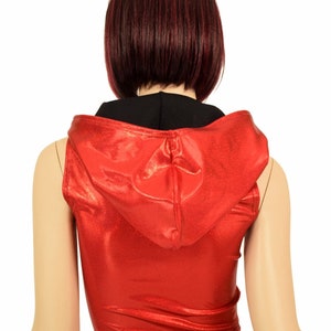 Sleeveless Red Sparkly Jewel Zipper Front Hoodie Crop Top w/Black Zen Hood Lining Rave Festival Clubwear 155846 image 5