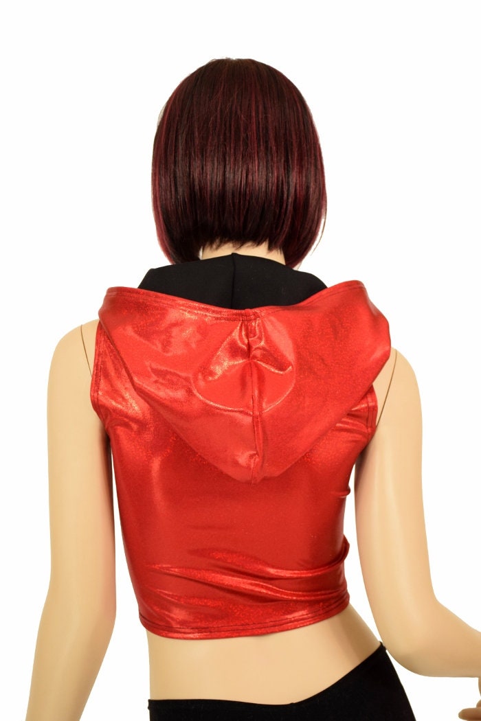 Sleeveless Red Sparkly Jewel Zipper Front Hoodie Crop Top W