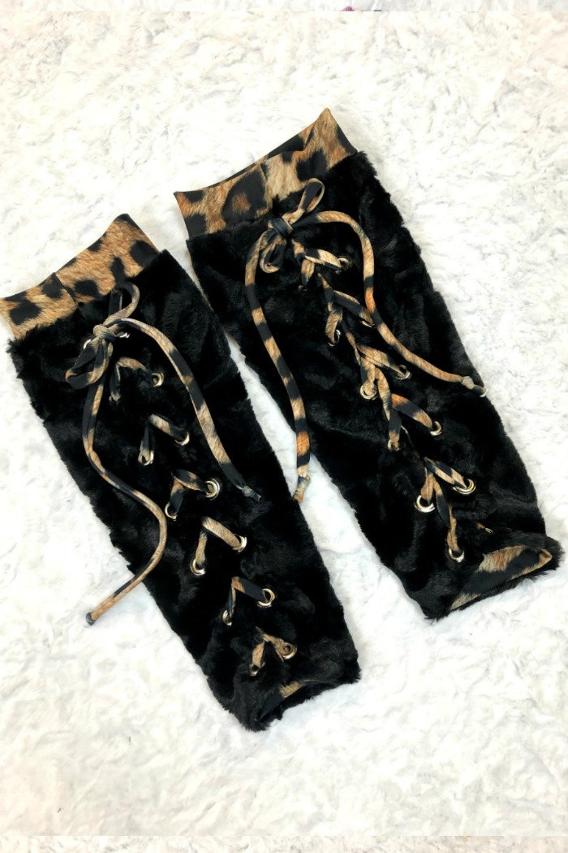 Black Minky Faux Fur Lace up Leg Warmers // Leopard Print Etsy