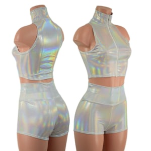 2PC Flashbulb Demon Hunter Crop Top and High Waist Shorts Set with Turtleneck, front zipper, and cutaway shoulders -860161