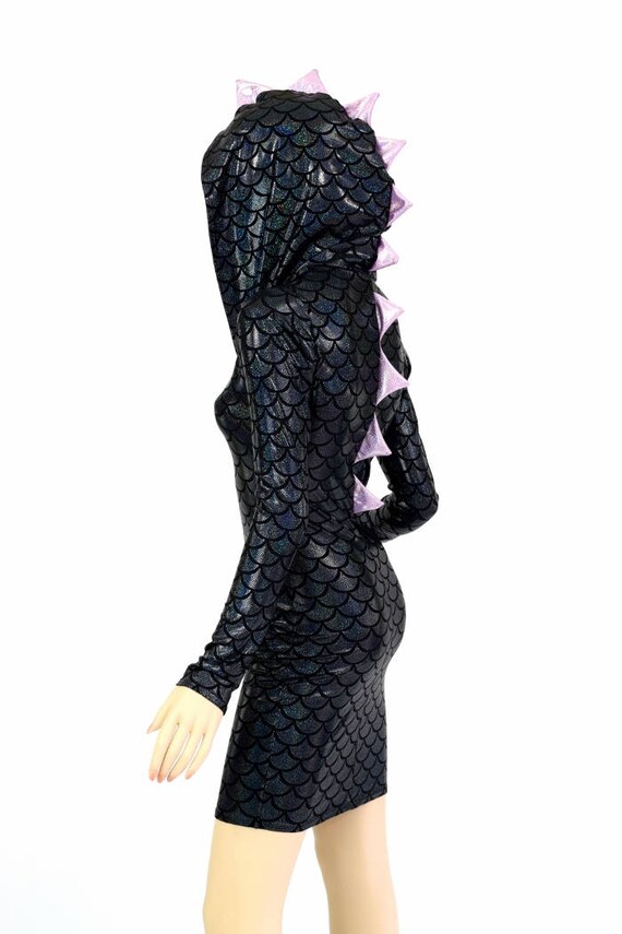 Black Scale Dragon Bodycon Hoodie DRESS with Long Sleeves & Galaxy Lined Hood and Lilac Holographic Spikes Dinosaur Lizard