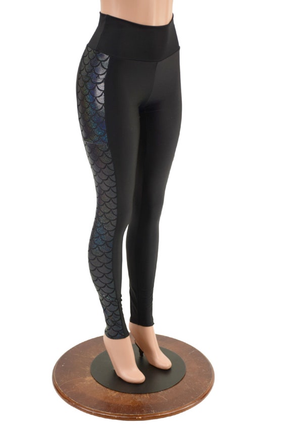 High Waist Smooth Black Spandex Leggings With Black Dragon Scale  Holographic Side Panels and Pockets 157455 